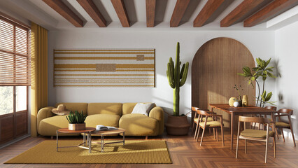 Wooden farmhouse living and dining room in white and yellow tones. Fabric sofa, table with chairs and decors. Contemporary interior design
