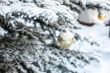 Gold ball Christmas ornament in the snowy fur tree branches, snow covered