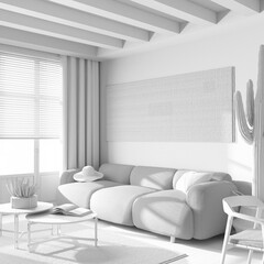 Total white project draft, wooden japandi living and room. Fabric sofa, beams ceiling, window and decors. Farmhouse interior design