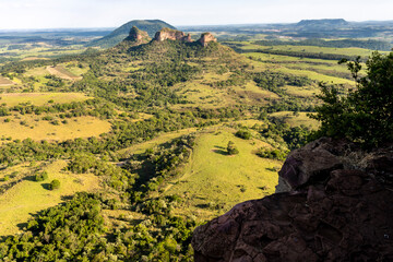 Panoramic view of Mount Three Stones from the Indian stone in the region of the cities of Botucatu,...