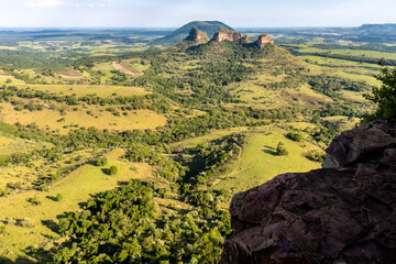 Panoramic view of Mount Three Stones from the Indian stone in the region of the cities of Botucatu,...