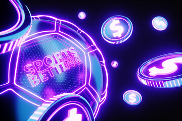 Fototapeta premium Banner for the site, sports betting, earnings on bets, gambling. Neon soccer ball, blank for advertising, poster, header for website, modern design. 3d illustration, 3d render, copy space.