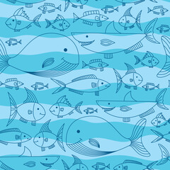 Seamless pattern with fish, shark and whale on a striped blue background.