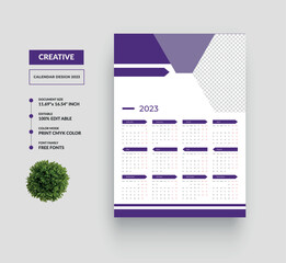 One Page Wall Calendar 2023 Design Template Or 12 Month One Page Calendar