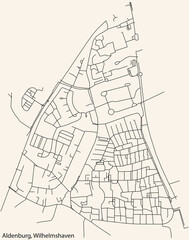 Detailed navigation black lines urban street roads map of the ALDENBURG DISTRICT of the German town of WILHELMSHAVEN, Germany on vintage beige background
