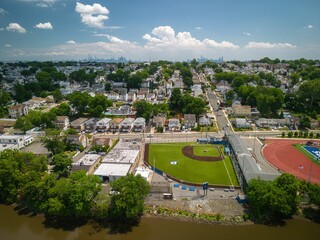 Aerial view of a city of North Arlington, the borough in Bergen County in New Jersey on a sunny day