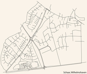 Detailed navigation black lines urban street roads map of the SCHAAR DISTRICT of the German town of WILHELMSHAVEN, Germany on vintage beige background