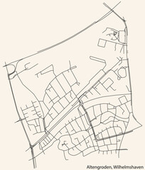 Detailed navigation black lines urban street roads map of the ALTENGRODEN DISTRICT of the German town of WILHELMSHAVEN, Germany on vintage beige background
