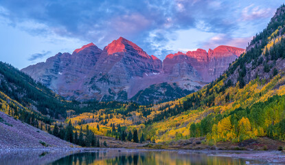 Autumn sunrise colors at Maroon Bells Scenic Area - near Aspen, Colorado