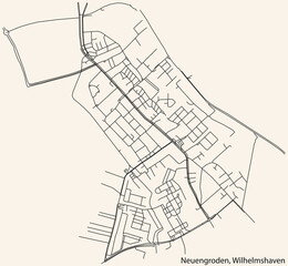 Fototapeta na wymiar Detailed navigation black lines urban street roads map of the NEUENGRODEN DISTRICT of the German town of WILHELMSHAVEN, Germany on vintage beige background