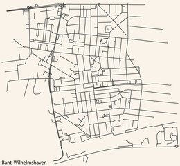 Detailed navigation black lines urban street roads map of the BANT DISTRICT of the German town of WILHELMSHAVEN, Germany on vintage beige background