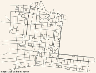 Detailed navigation black lines urban street roads map of the INNENSTADT DISTRICT of the German town of WILHELMSHAVEN, Germany on vintage beige background