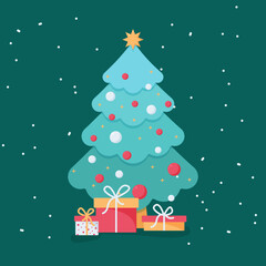 Christmas tree with gift boxes and snow isolated on background. Flat vector illustration. Festive art for winter holidays. Xmas tree decorated star and balls. Simple cute new year cartoon