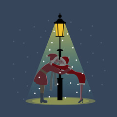  A christmas dressed couple kissing in the lamp light  and snow is falling.  Christmas greetings. Vector Illustration