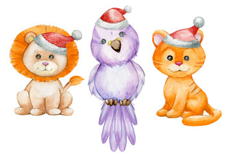 lion, parrot, tiger, cute, tropical animals, in Christmas hats. Watercolor set, animals in cartoon style.