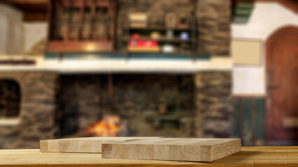 Desk of free space with wooden pedestal and home interior with fireplace 