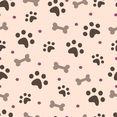 Abstract seamless pattern with dog paws and bones. Vector pastel background for textiles with animal prints