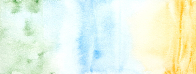Watercolor landscape texture background. Blue, green, yellow abstract landscape gradient. Sky batik graphic. Fall color painting. Design illustration brush stroke. Aquarelle art backdrop banner