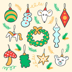 christmas set of cartoon elements in flat style vector