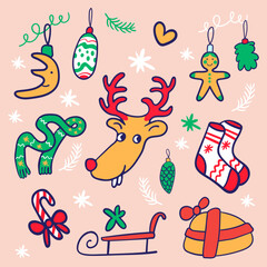 christmas set of cartoon elements in flat style vector