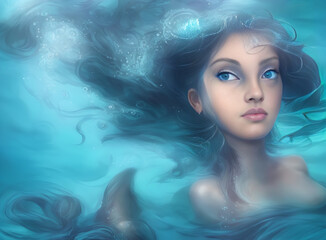 Portrait of the Goddess of the Ocean Underwater  Fae, mermaid, genie, water spirit. Digital artwork.