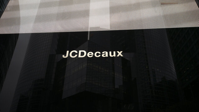 November 2022. Logo JCDecaux on a sign in a city. JC Decaux logo on a digital advertising. Jc Decaux's celebrating over 40 years for self-cleaning public toilets.