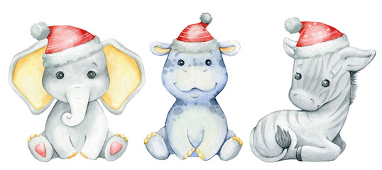 hippopotamus, elephant, zebra, cute African, cartoon-style animals in Christmas hats.