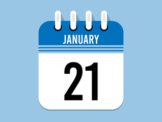 21 day January calendar icon. Banner for appointments, special dates and birthdays. Calendar vector for January in blue color on light background