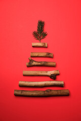 Country Christmas Tree on Red Holiday Background
