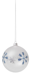 Christmas glass bauble ball decorated with snowflake in glitter pearled blue and silver pattern, isolated on transparent background, hanging with chain, object for label, banner or gift greeting card