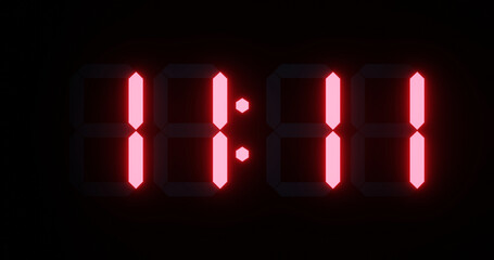 close up 80s retro style digital clock face displaying magical number 11:11 in glowing red numbers. 3d render. This image in Non-ai generated.