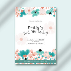 Beautiful Birthday Invitation with Spring Flower Watercolor Template Design