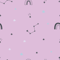 Cute seamless space world pattern, stars and rainbow on pink background. Vector illustration for printing on fabric, wrapping paper. Cute baby background for girls.