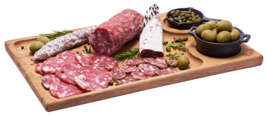 Spanish Fuet thin dried salami sausage on wooden cutting board