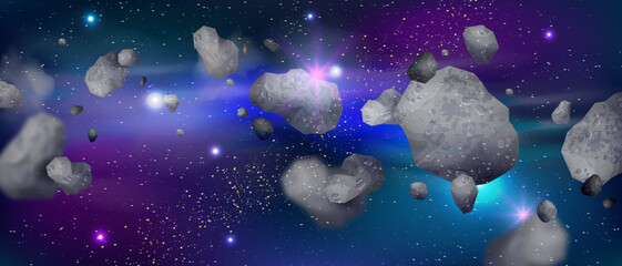 3D asteroid space background, cosmos game meteorite, vector neon galaxy sci-fi moon stones. Universe astronomy rocks, grey flying meteoroid texture. 3D asteroid system debris belt science concept