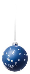 Christmas blue bright bauble ball decorated with white stars, isolated on transparent background, hanging with silver chain, object for label, banner or gift greeting card