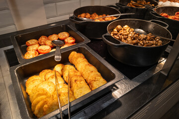 on a breakfast buffet is various delicious ingredients for breakfast
