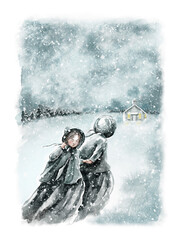 Watercolor vintage two girls walk together through a blizzard to church at night isolated on white background. Hand drawn illustration sketch