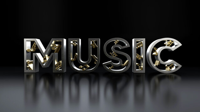 3d metallic music text containing gold music notes, on red background.3d render illustration.