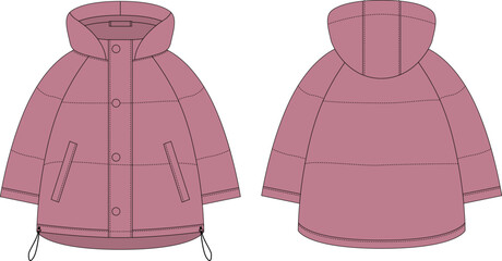 Ooversized raglan puffer winter down coat technical sketch. Pudra color © smth.design
