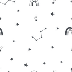 Naklejka premium Cute seamless space world pattern, stars and rainbow on pink background. Vector illustration for printing on fabric, wrapping paper. Cute baby background for girls.
