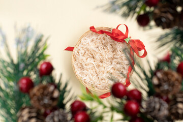 Newborn digital backdrop with basket, ribbon and christmas tree. Newborn christmas background. Christmas background. top view. flat lay.