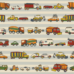 Cars building vector seamless pattern.