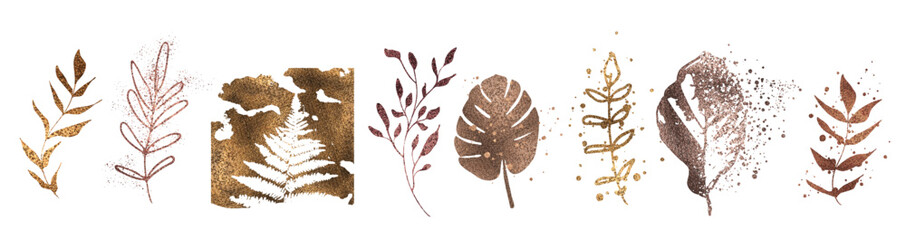 Vector plants and grasses in gold style with gloss effects and and gold paint splatters. Minimalist style of hand drawn plants. With leaves and organic shapes.