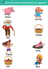 Finding the opposites worksheet. Educational illustration for kids.