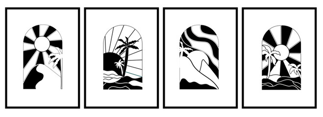 Black and white Poster sunrise in the Morning , with sea and palm trees. Background sunrise perfect for icon and symbols, poster, postcard, logo. Vector illustration.