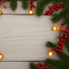 Fototapeta na wymiar Christmas background with fir branches and decorations on the light wooden table
