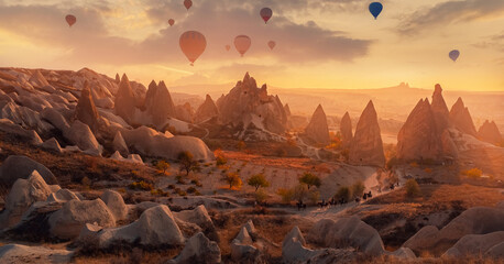Plakat Autumn landscape Cappadocia hot air balloons and horse with riding and old cave house in Goreme national park Turkey banner, aerial top view.