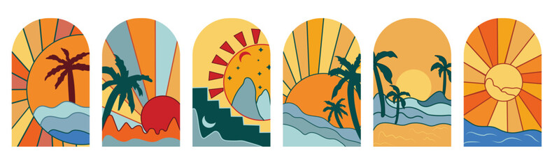 Sunset in the sea with a palm tree. Set background sunrise. Minimal sunset poster, perfect for icon and symbols, poster, postcard, logo. Vector illustration