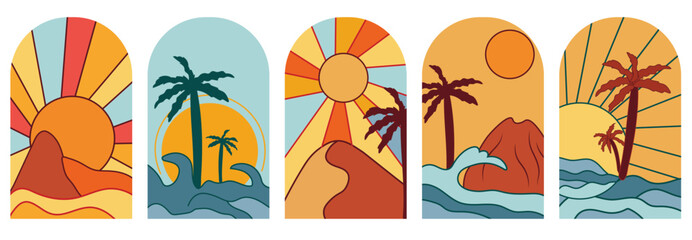 Sunset in the sea with a palm tree. Set background sunrise. Minimal sunset poster, perfect for icon and symbols, poster, postcard, logo. Vector illustration